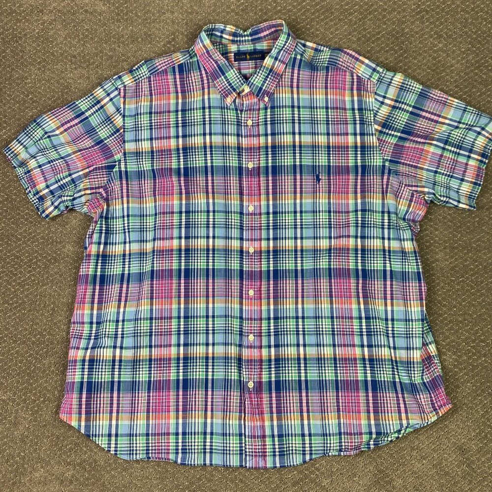 Ralph Lauren Short Sleeve Button Down Shirt Men's 3XB Pink Blue Green Plaid
